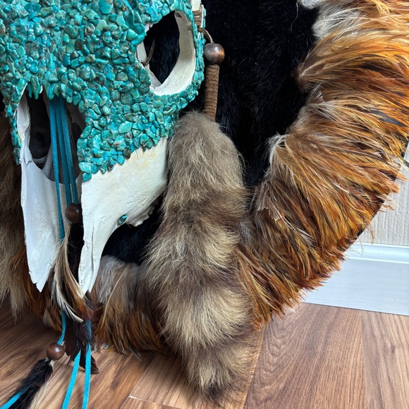 Turquoise Skull Wall Hanging Fur Feathers Leathers Accents - Picture 6 of 12